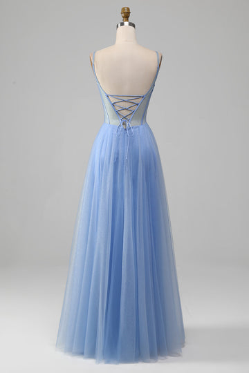 Light Blue A-Line V Neck Tulle Ball Dress With Appliques